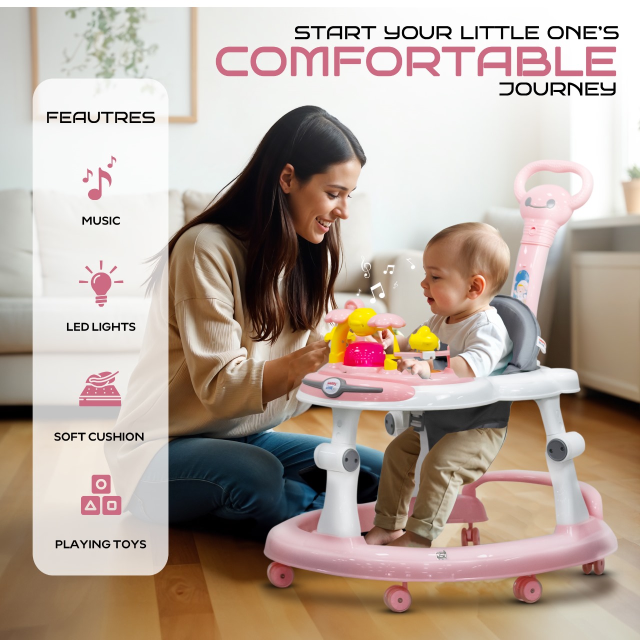 Baby Walker with Push Handle – Pink Baby Walker with Push Handle – Pink