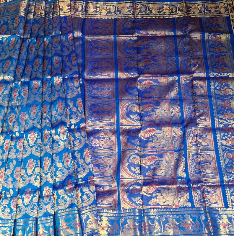 All over work Royal blue Swarnachari with golden colour zari All over work Royal blue Swarnachari with golden colour zari