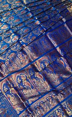 All over work Royal blue Swarnachari with golden colour zari All over work Royal blue Swarnachari with golden colour zari