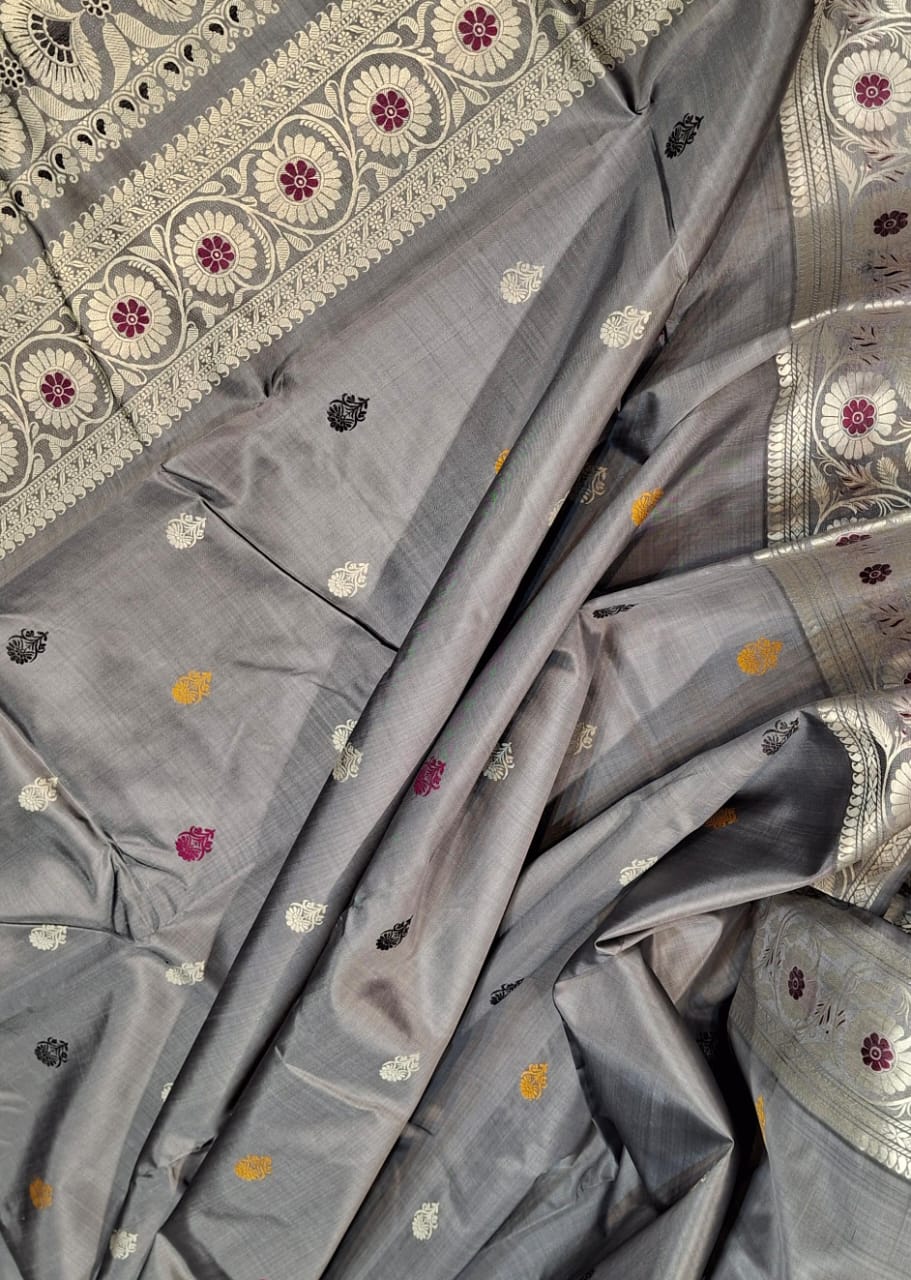 Revival Baluchari Color Grey Saree Revival Baluchari Color Grey Saree