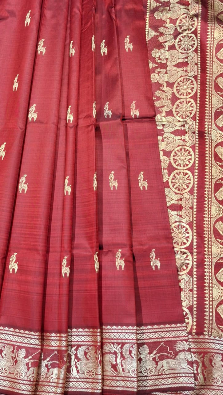 Reddish maroon color with beige motif pure Mulberry silk Baluchari saree Reddish maroon color with beige motif pure Mulberry silk Baluchari saree