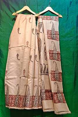 Beige Hand block Tassar Silk Saree Beige Hand block Tassar Silk Saree