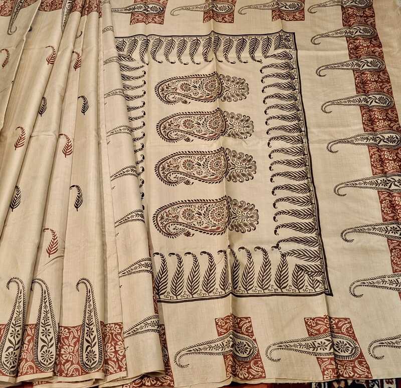 Beige Hand block Tassar Silk Saree Beige Hand block Tassar Silk Saree