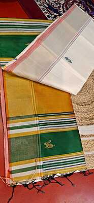 Kalashetra/Kalakshetra Sarees- Off White and Mustard Kalashetra/Kalakshetra Sarees- Off White and Mustard