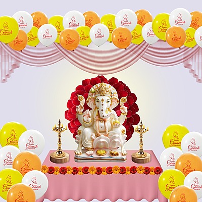 Happy Ganesh Chaturthi Balloons, Ganesh Chaturthi decorations at mandap/ home Pack of 30 multicolor Metallic yellow, metallic orange metallic white balloons-181133