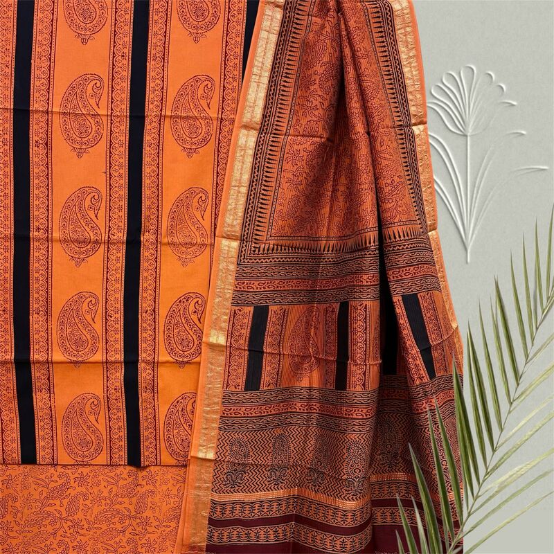 Bagh Print Cotton Suit  with Maheshwari Dupatta Set #11