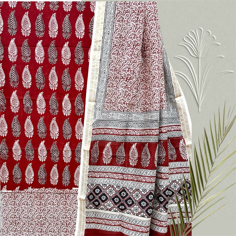 Bagh Print Cotton Suit  with Maheshwari Dupatta Set #14
