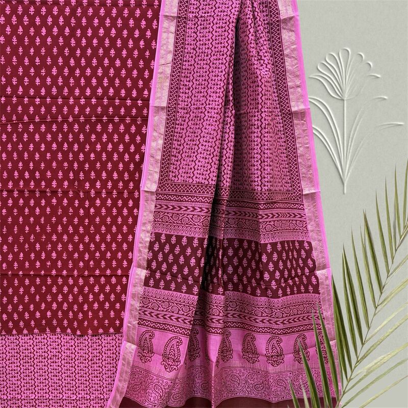 Bagh Print Cotton Suit  with Maheshwari Dupatta Set #12