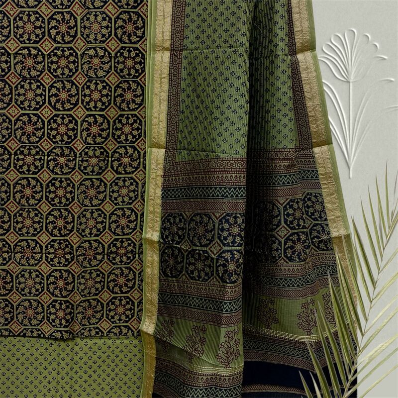 Bagh Print Cotton Suit  with Maheshwari Dupatta Set #22