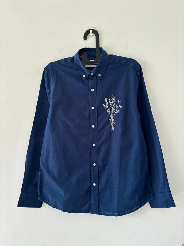 Midnight blue linen embroidered shirt