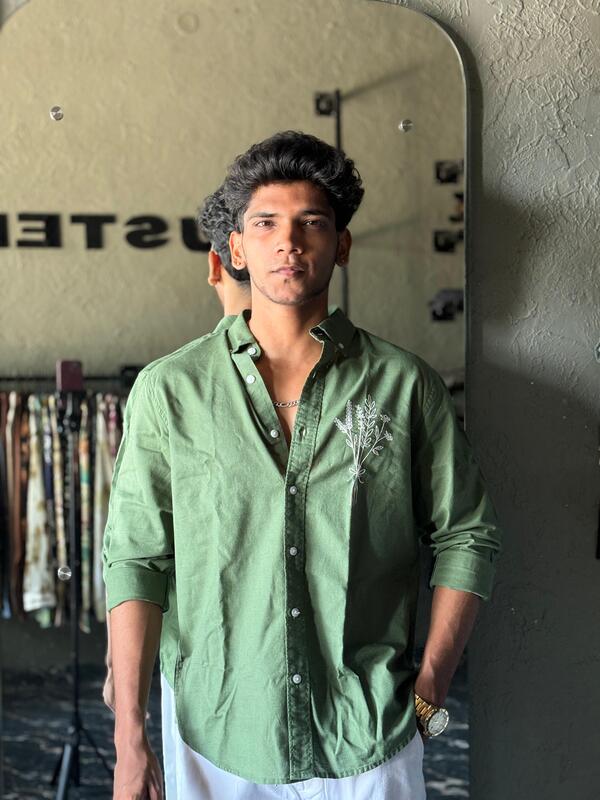 Forest green linen embroidered shirt