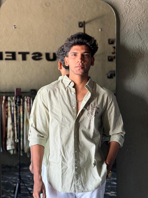 Sage green linen embroidered shirt