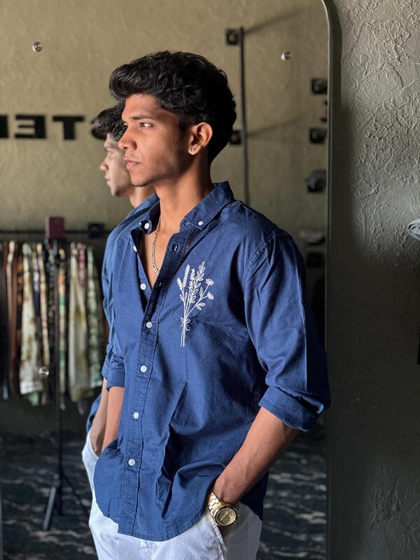 Midnight blue linen embroidered shirt