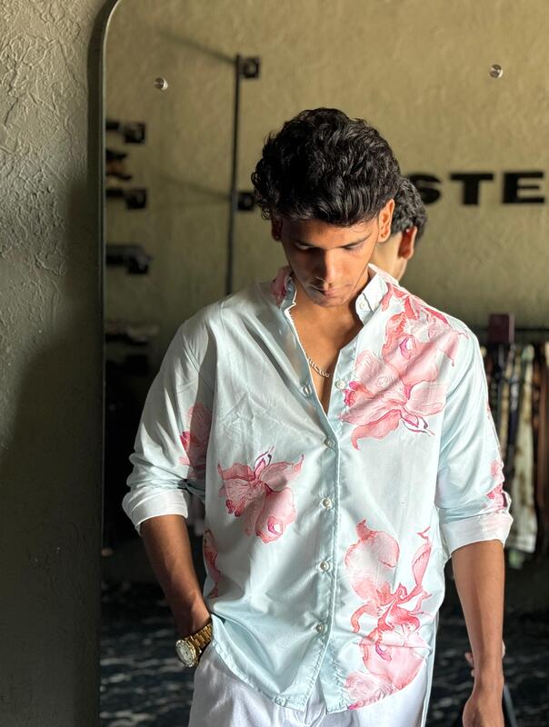 Aqua orchid bloom printed shirt