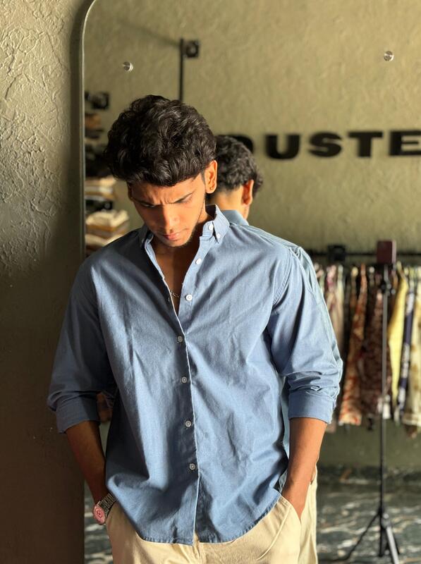 Marine blue linen-oxford shirt