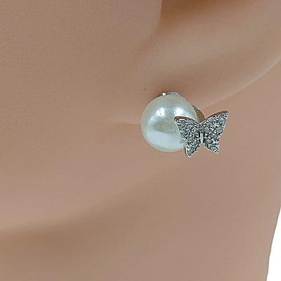 Trendy White Pearl Anti-Tarnish Silver Butterfly Stud Earrings Trendy White Pearl Anti-Tarnish Silver Butterfly Stud Earrings