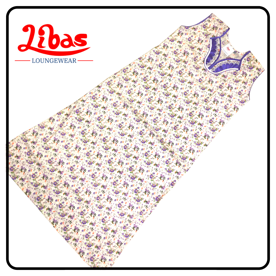 White based violet floral printed cotton sleevless nighty from libas loungewear-SL025 White based violet floral printed cotton sleevless nighty from libas loungewear-SL025