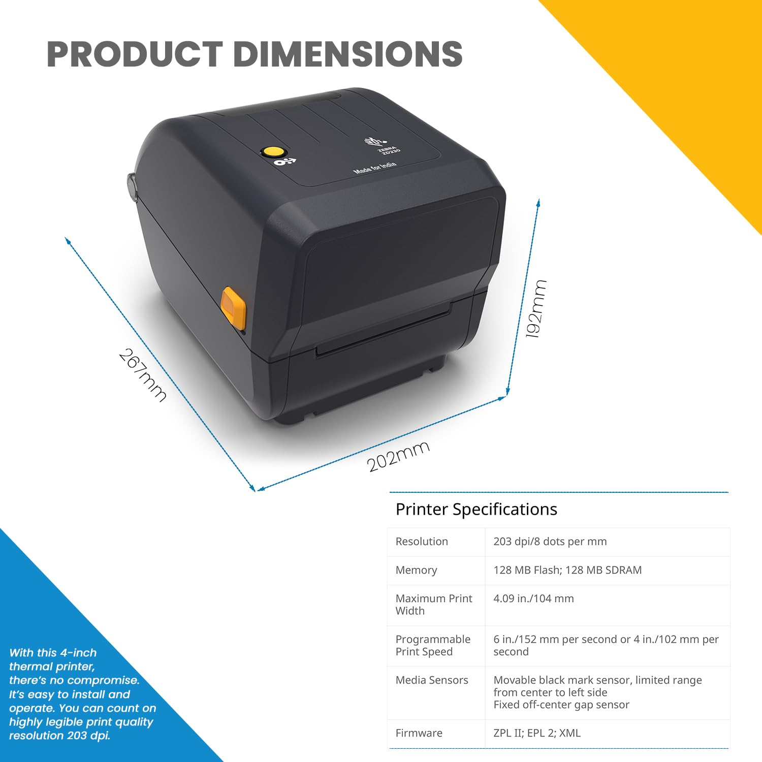 Zebra ZD230TA 4-Inch  (10.16cm) Thermal Transfer Desktop Barcode Label Printer, 203 DPI, 6 IPS Print Speed, USB Connectivity, Monochrome, Windows Compatible