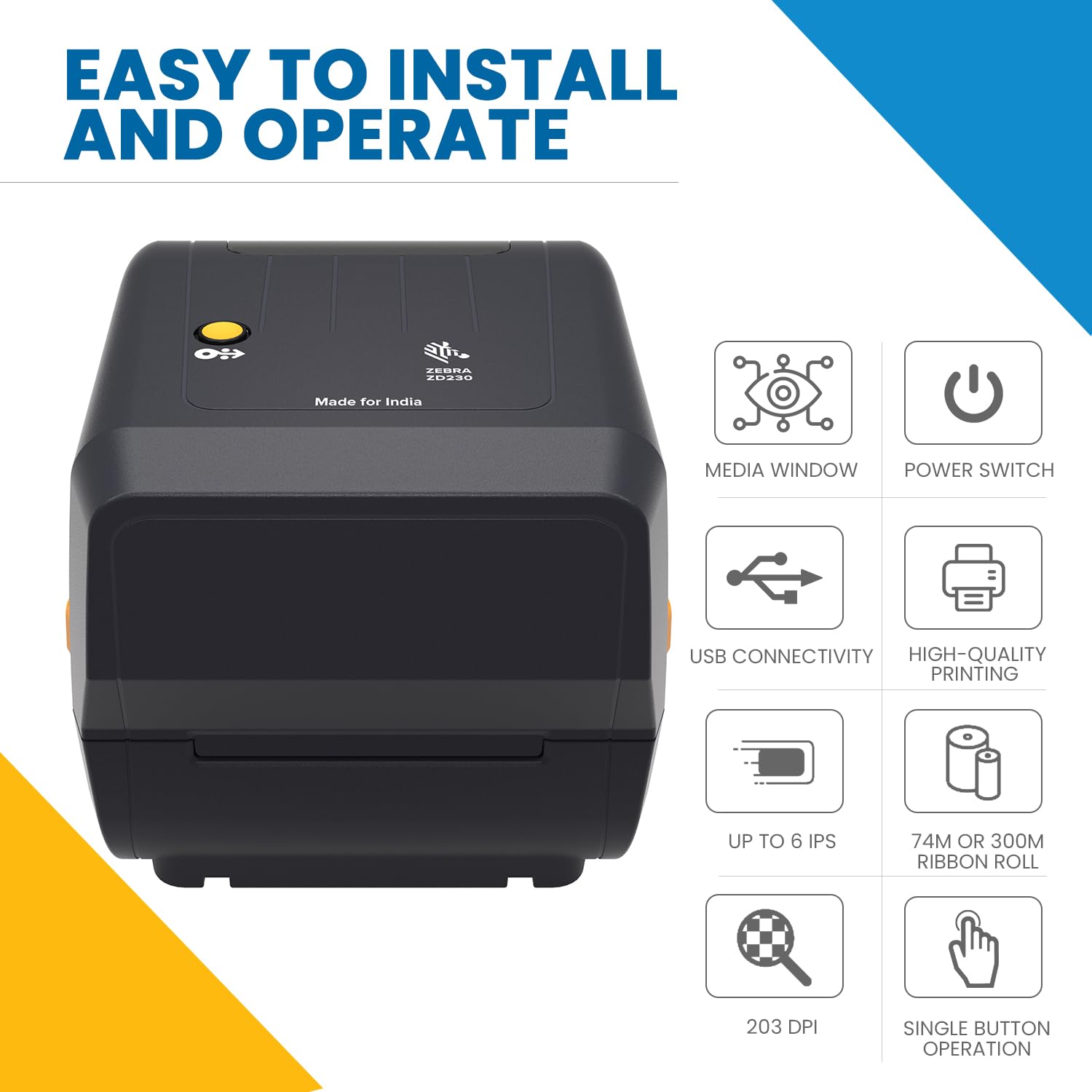 Zebra ZD230TA 4-Inch  (10.16cm) Thermal Transfer Desktop Barcode Label Printer, 203 DPI, 6 IPS Print Speed, USB Connectivity, Monochrome, Windows Compatible