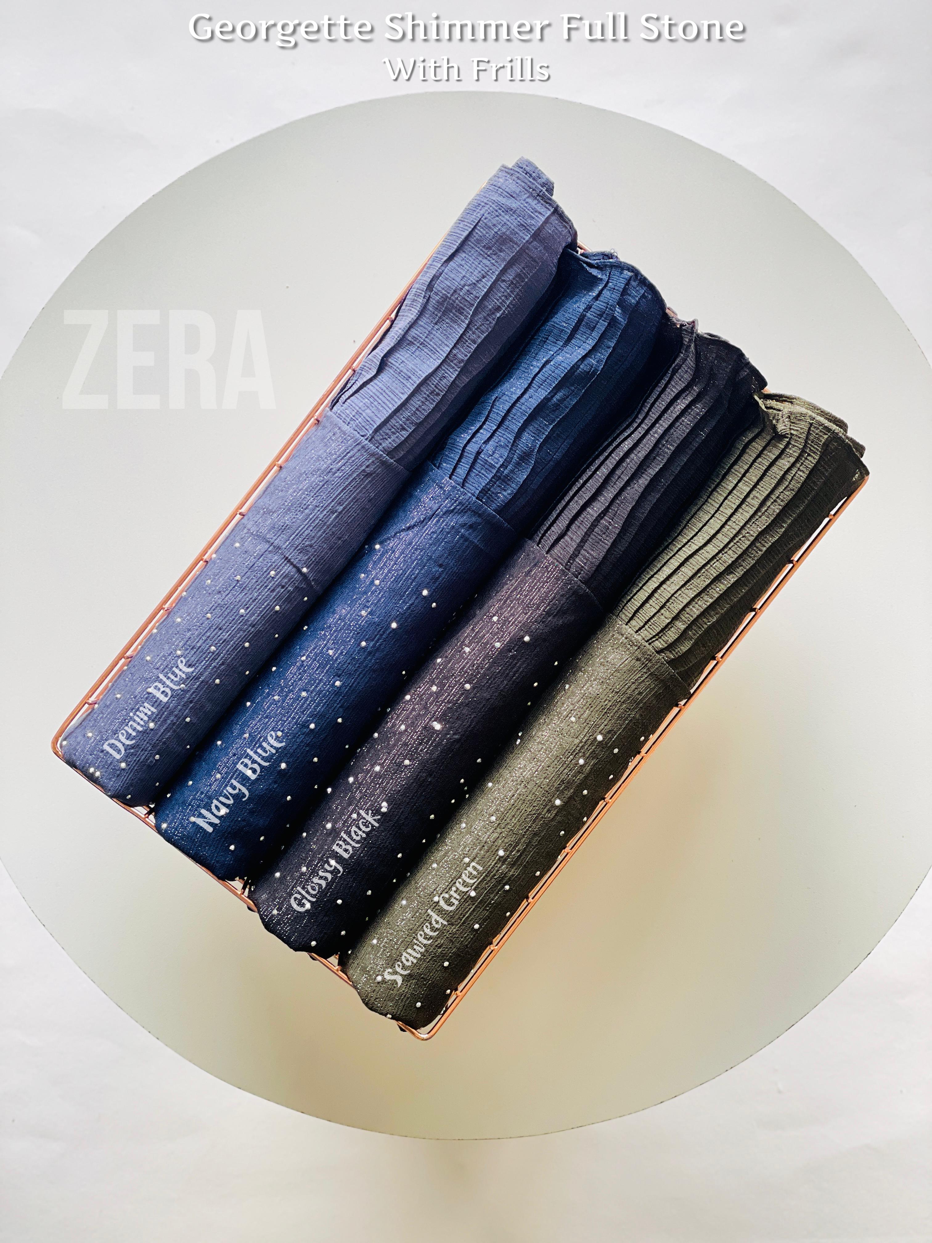 Zera Premium Malaysian Georgette Shimmer Border Embellished Stone and Frill