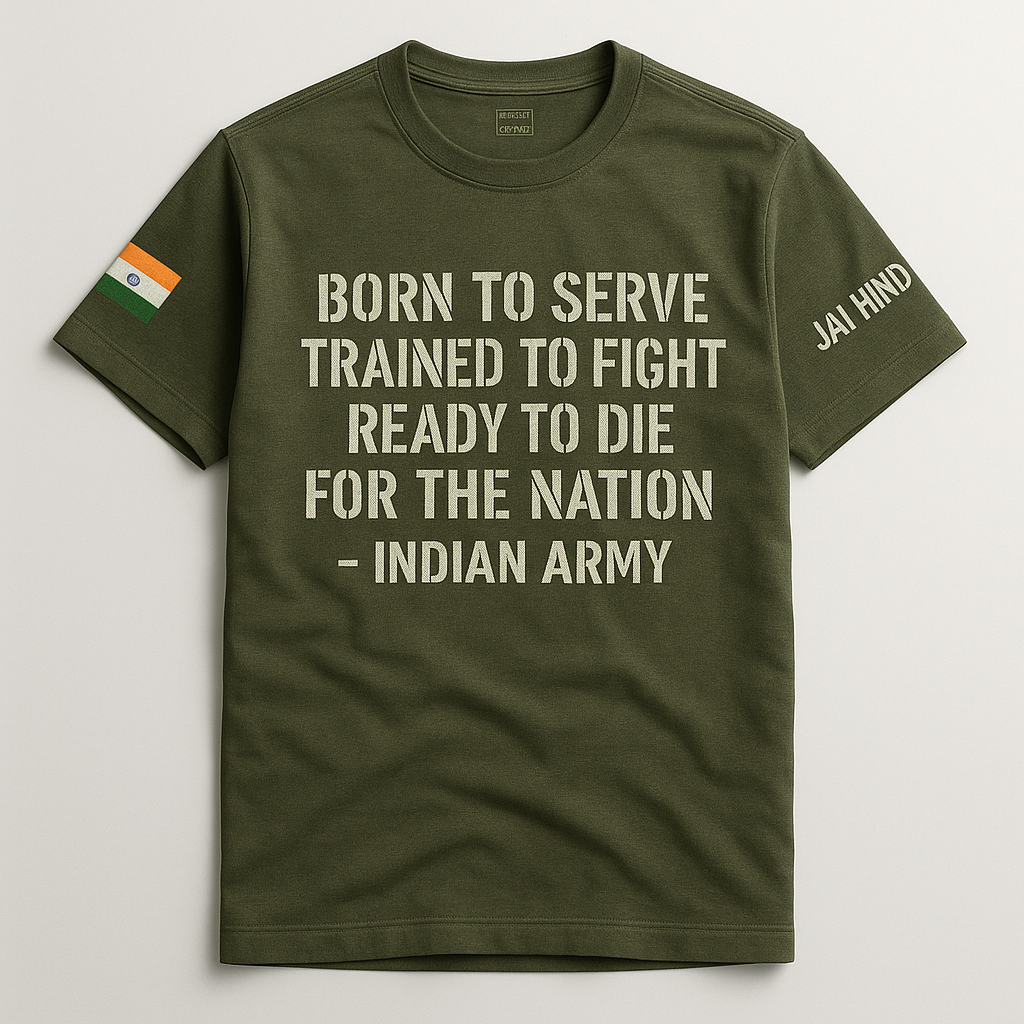 Indian Army Olive Green T-Shirt – Born to Serve, Jai Hind Tee for Patriots Indian Army Olive Green T-Shirt – Born to Serve, Jai Hind Tee for Patriots
