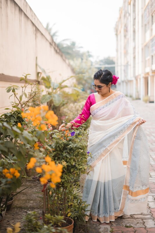White and light ink blue hand blocked saree White and light ink blue hand blocked saree