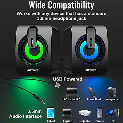 Ant Esports GS170 Gaming Speaker for PC, Stereo 2.0 USB Powered Desktop Speaker with 3.5 mm Aux-in, in-line Volume Control, RGB LED Lights Mini Multim Ant Esports GS170 Gaming Speaker for PC, Stereo 2.0 USB Powered Desktop Speaker with 3.5 mm Aux-in, in-line Volume Control, RGB LED Lights Mini Multim