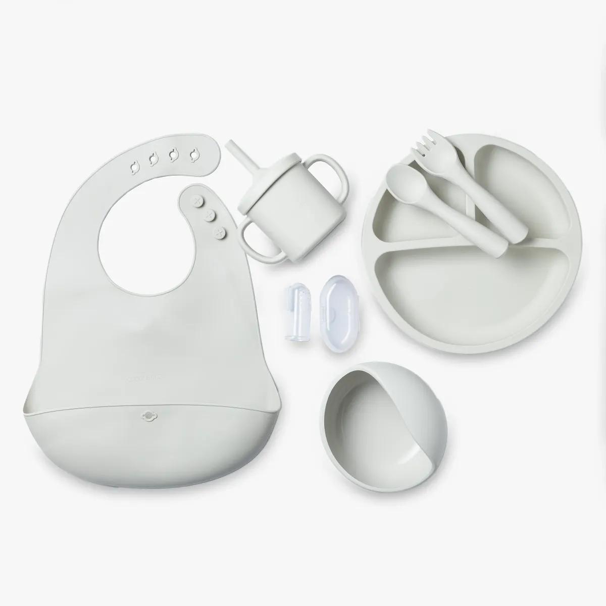 Cuddle Cubs BPA Free Baby Feeding Set - 7pc Silicone Meal kit - Grey