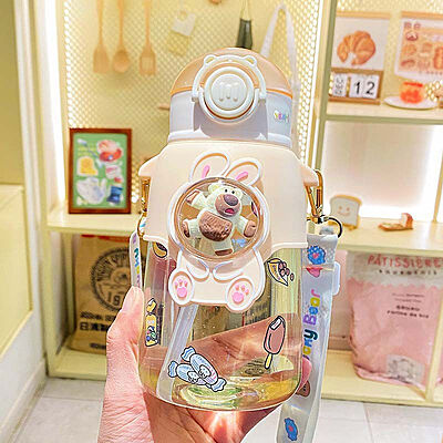 BPA Free Cartoon Doll Strawberry Bear Strap Kettle Student Kids Outdoor Portable Anti-fall Plastic Water Bottle with Straw