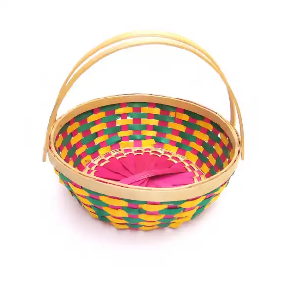 Colorful round bamboo saji basket with handle for storage, gifting, and decor