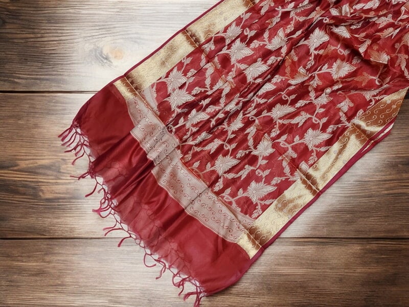 Red Banarasi Chanderi Silk Dupatta for Women