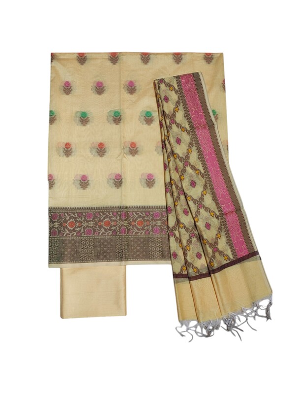 Yellow Unstitched Banarasi Cotton Dress Material with Dupatta for Women