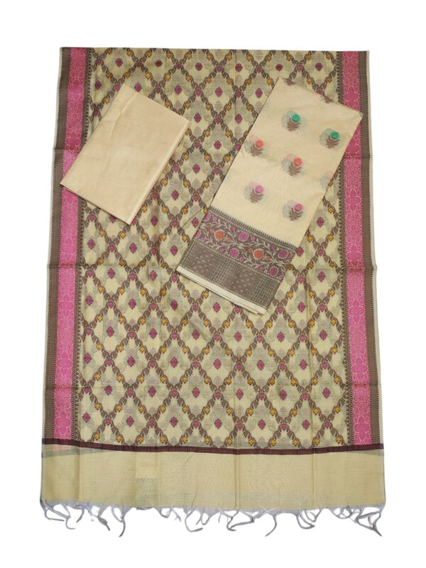 Yellow Unstitched Banarasi Cotton Dress Material with Dupatta for Women