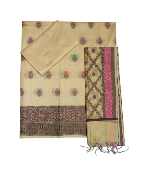 Yellow Unstitched Banarasi Cotton Dress Material with Dupatta for Women