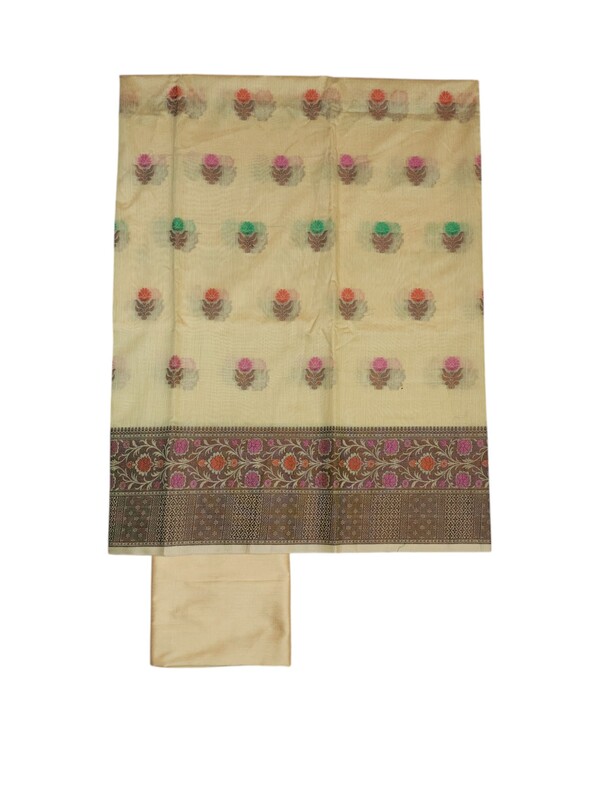 Yellow Unstitched Banarasi Cotton Dress Material with Dupatta for Women