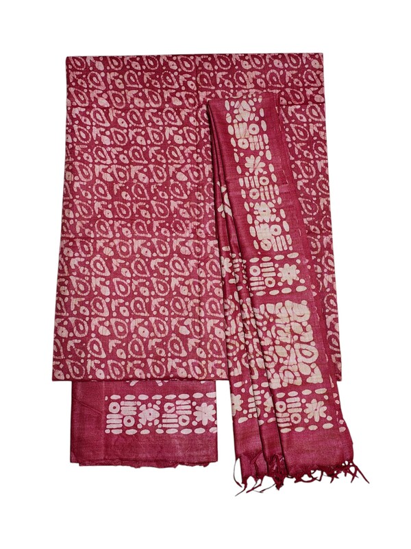 Maroon Unstitched Batik Print Cotton Salwar Suit Dress Material with Dupatta