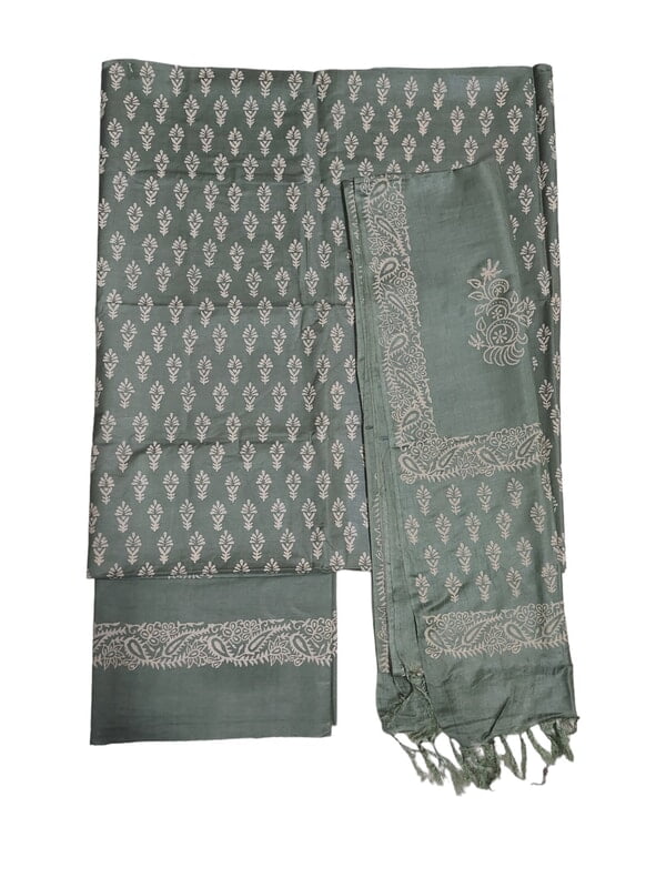 Olive Green Unstitched Batik Print Silk Salwar Suit Dress Material with Dupatta