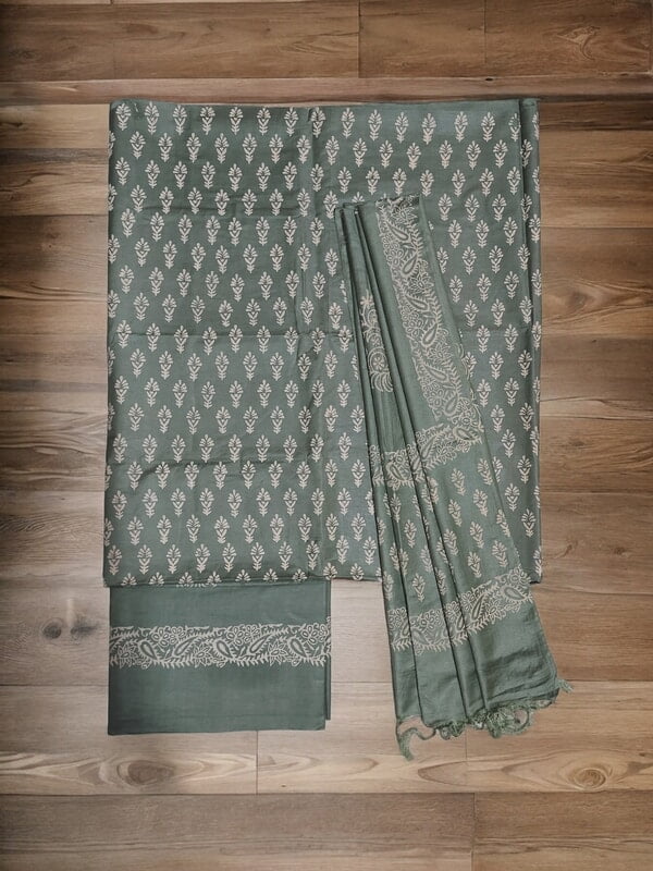 Olive Green Unstitched Batik Print Silk Salwar Suit Dress Material with Dupatta