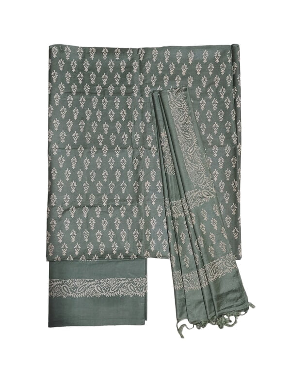 Olive Green Unstitched Batik Print Silk Salwar Suit Dress Material with Dupatta