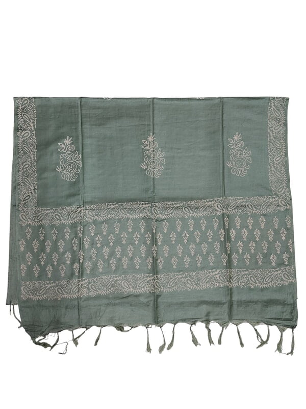 Olive Green Unstitched Batik Print Silk Salwar Suit Dress Material with Dupatta