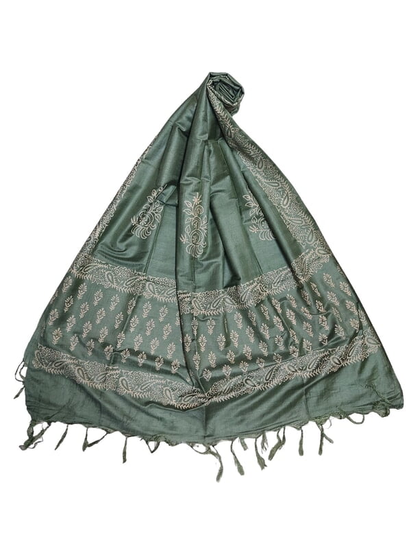 Olive Green Unstitched Batik Print Silk Salwar Suit Dress Material with Dupatta