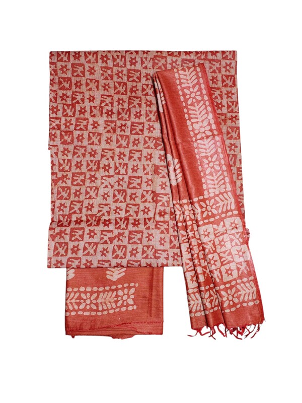 Orange Unstitched Batik Print Cotton Salwar Suit Dress Material with Dupatta