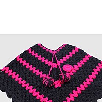 (4-5 Years) Handknitted Kids Woolen Poncho, Black and Pink