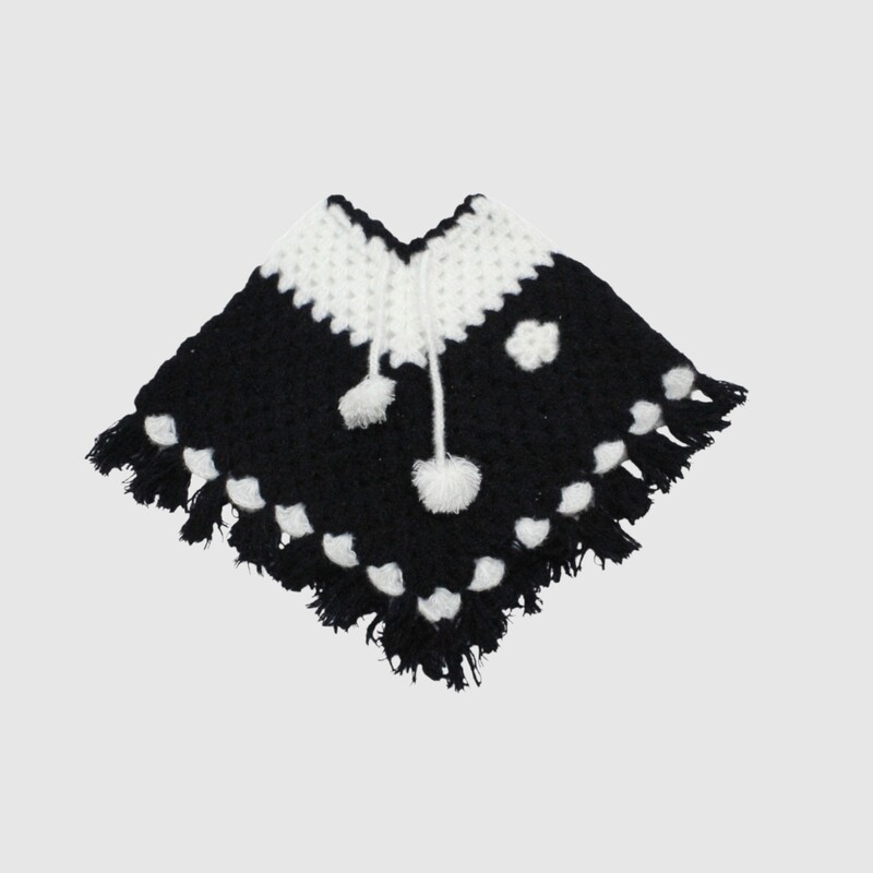 (1-2 Years) Kids Handknitted Woolen Poncho, Black and White