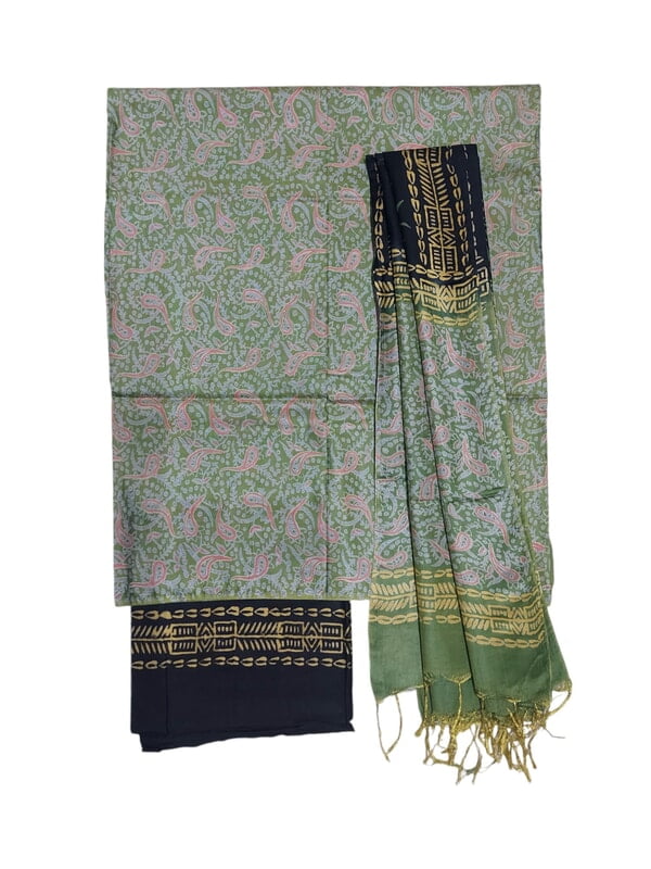 Grey & Maroon Unstitched Batik Print Silk Salwar Suit Dress Material with Dupatta