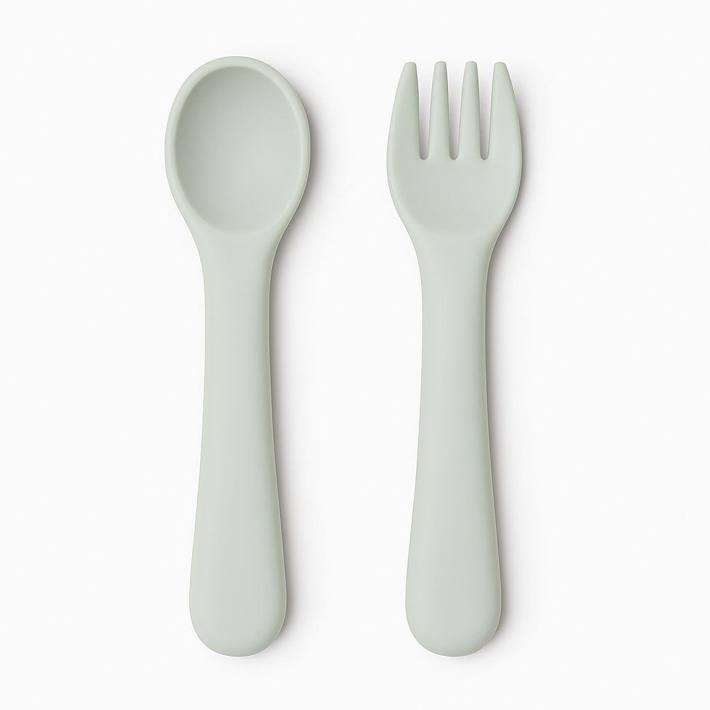 Cuddle Cubs BPA-Free Silicone Baby Spoon & Fork Set – Grey