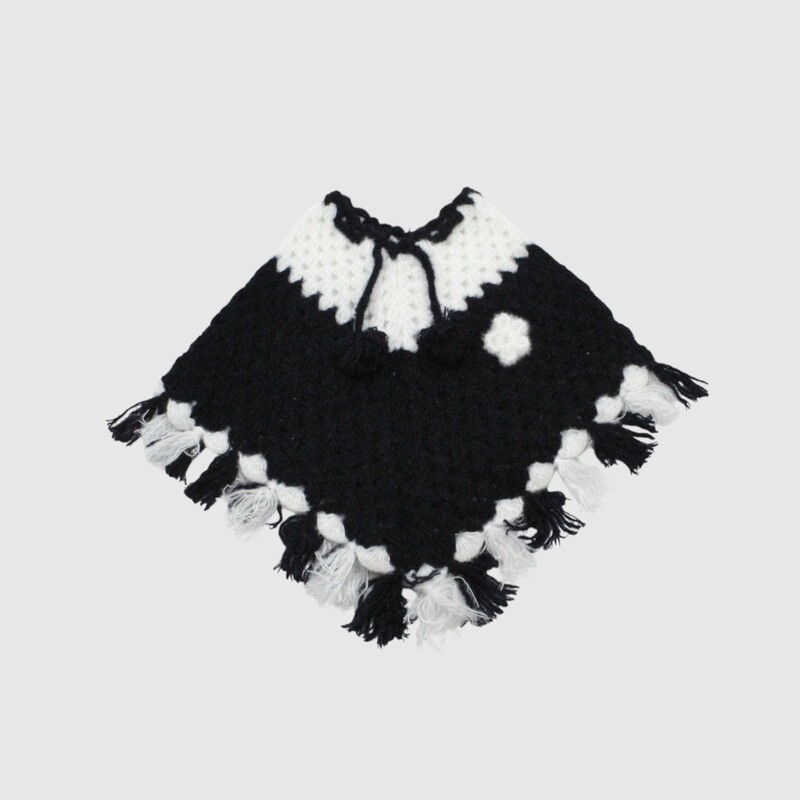 (1-2 Years) Handknitted Kids Black and White Woolen Poncho