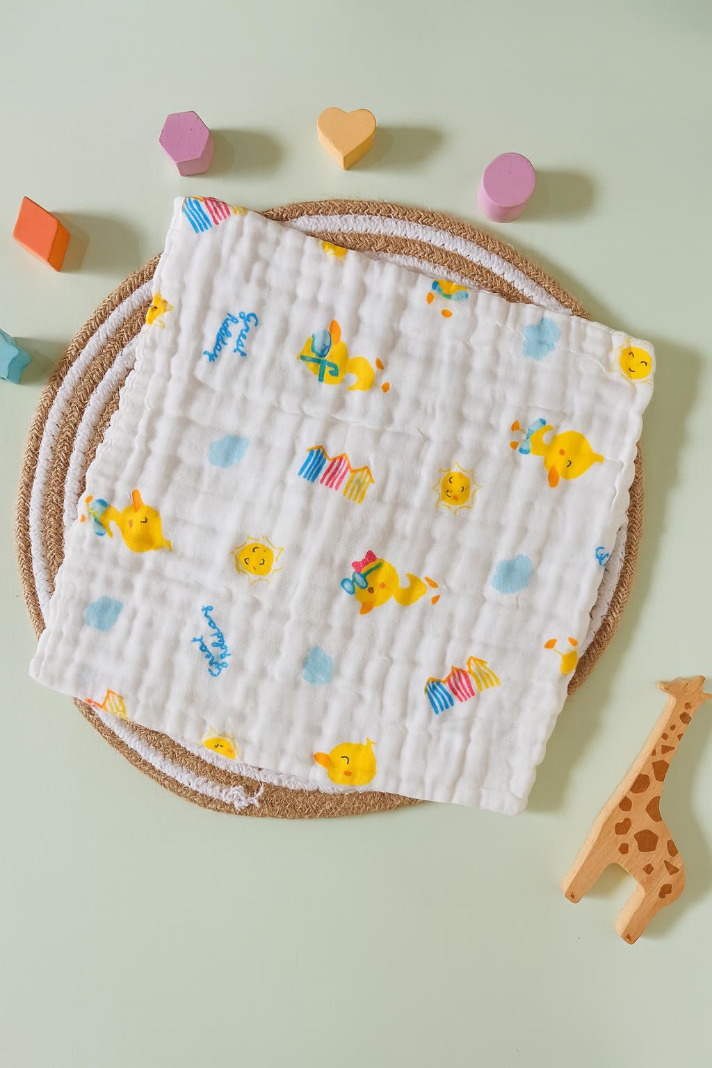 6 Layer Muslin Wash cloth / Face towel - White Printed - Pack of 5 (Assorted)