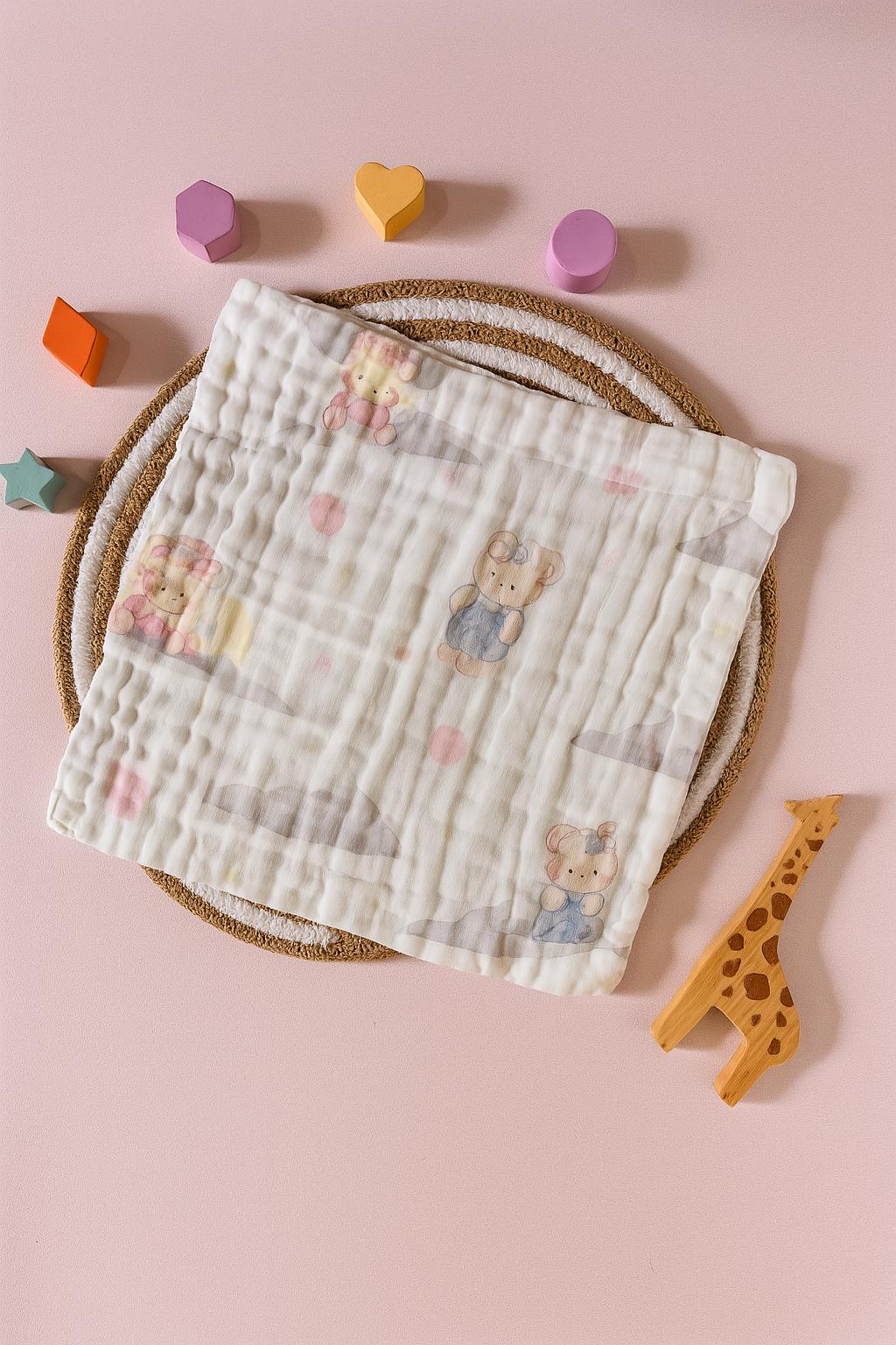 6 Layer Muslin Wash cloth / Face towel - White Printed - Pack of 5 (Assorted)