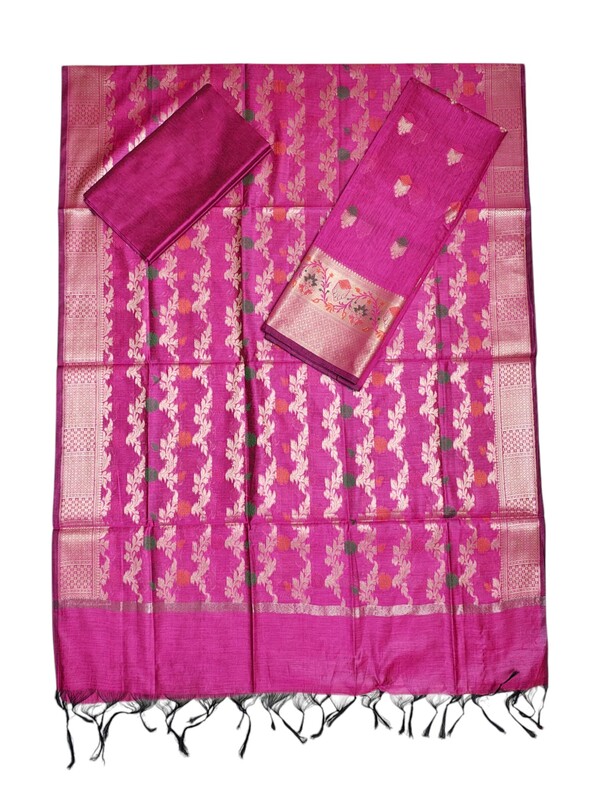 Dark Pink Banarasi Silk Unstitched Suit Set for Women